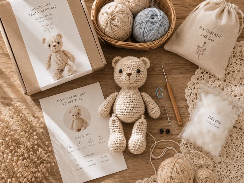 Set tự móc gấu len kèm len sợi, kim móc, bông nhồi và hướng dẫn từ Tiệm Len Nhà Tiny
