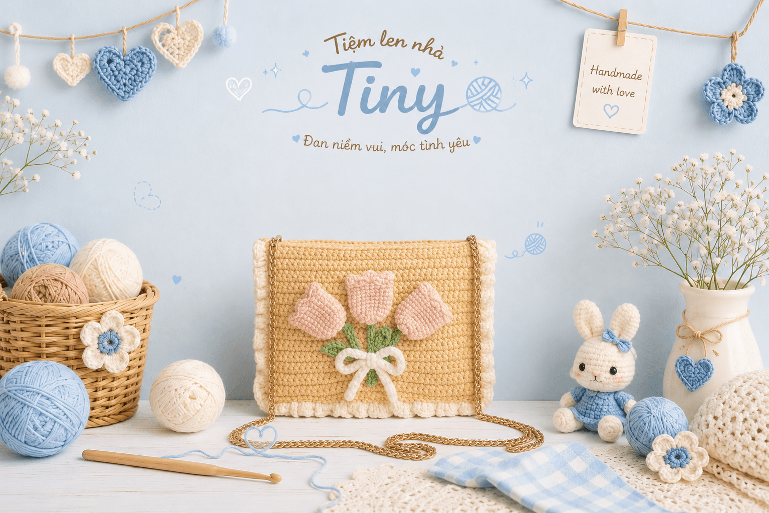 Túi Tulip do Tiệm Len Nhà Tiny thực hiện theo yêu cầu