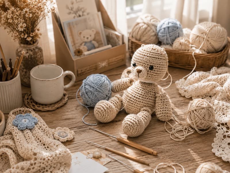 Các cuộn len nhiều màu và phụ kiện móc tại Tiệm Len Nhà Tiny