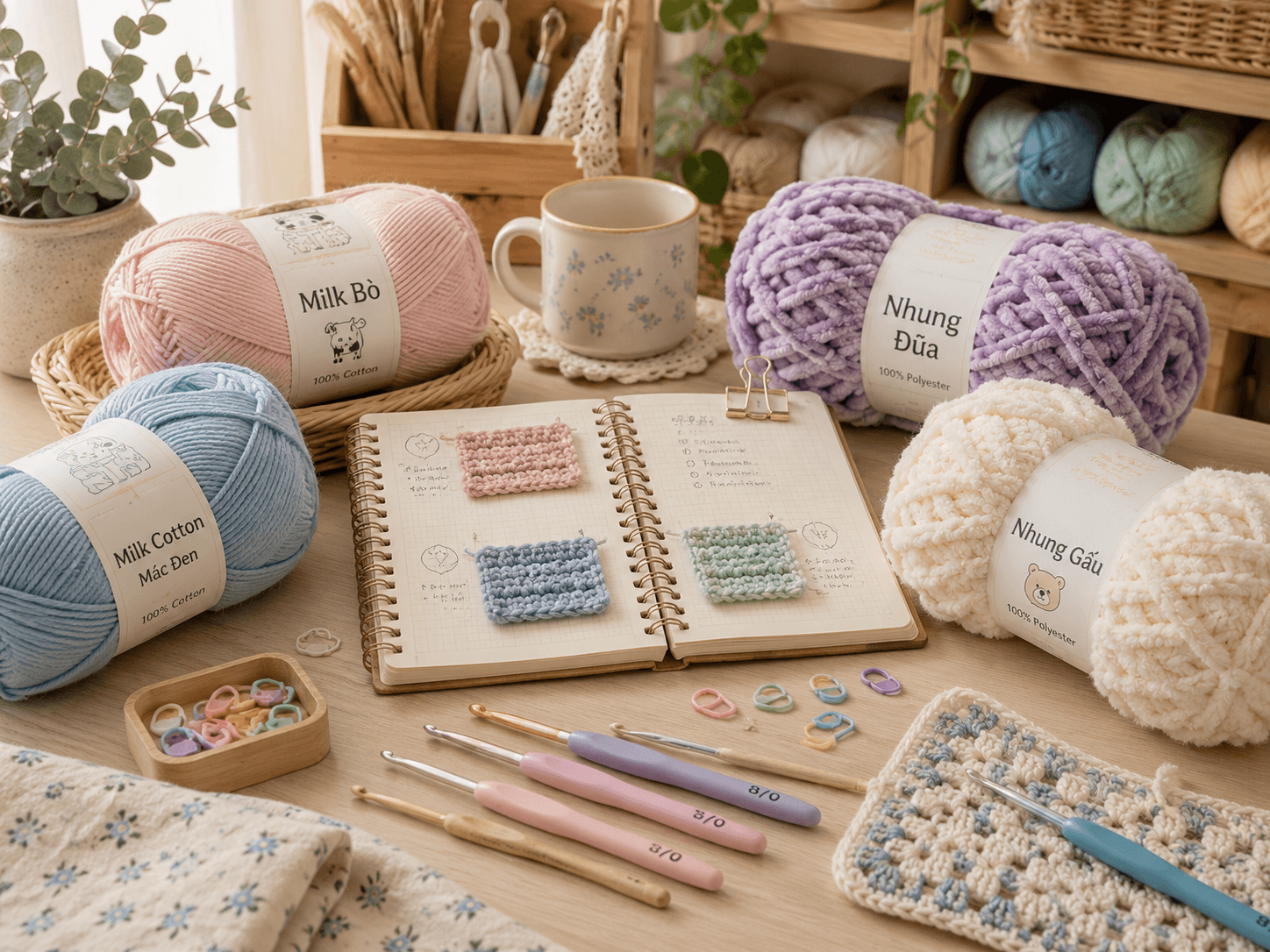 Các cuộn len tại Tiệm Len Nhà Tiny