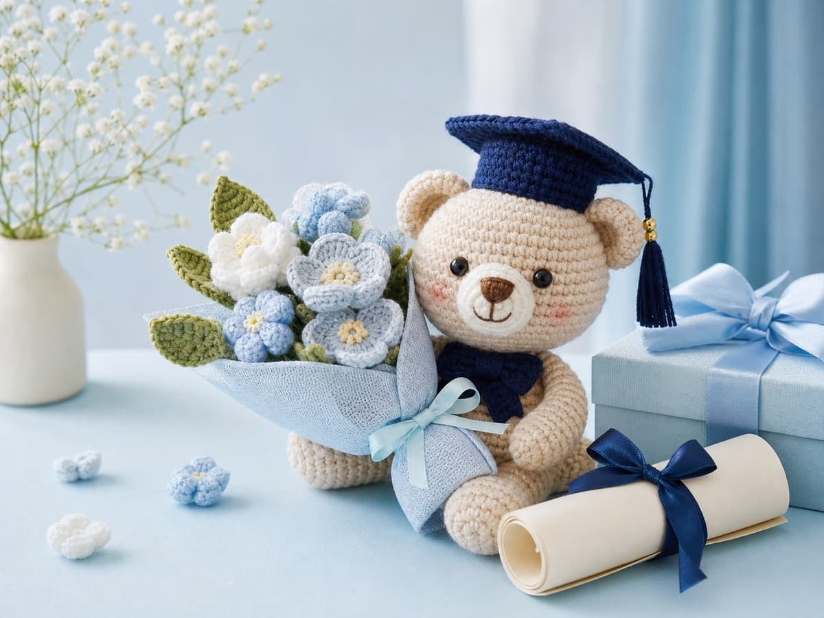 Gấu len đội mũ cử nhân, bó hoa len và giấy chứng nhận làm quà tốt nghiệp handmade