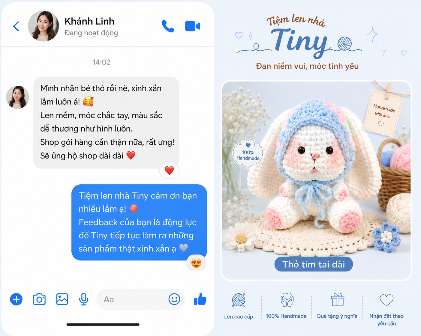 Tin nhắn feedback của khách sau khi nhận đồ móc handmade