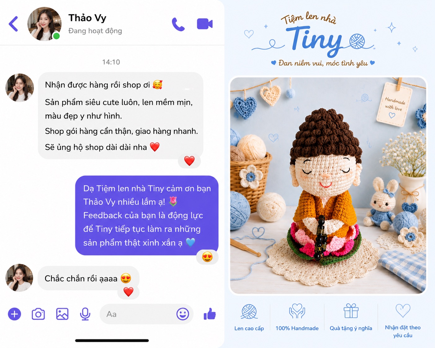 Tin nhắn feedback của khách sau khi nhận set quà handmade