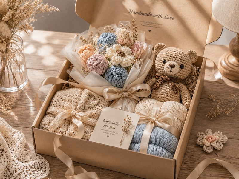Hộp quà handmade từ len và hoa len tại Tiệm Len Nhà Tiny